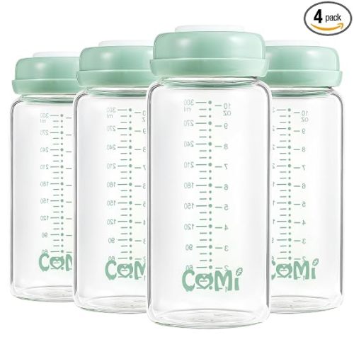 COMI Wide Neck Glass Breastmilk Collection n Storage Bottle, 4 Packs,10oz with Screw Ring Sealing Disk,Re-markable Sealing Disc,BPA Free,Fits Breast Pumps&Nipples(4 Green Lids)