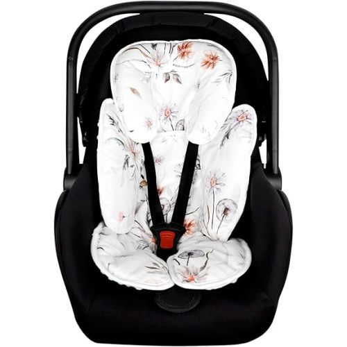 2 in 1 Infant Car Seat Insert, Car Seat Head Support Baby Girls Boys, Soft Newborn Carseat Insert Cushion, Perfect for Carseats, Strollers, Swings (White Flower)