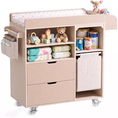 Baby Changing Table, Solid Wood, Drawers & Storage, Rolling, Waterproof Pad