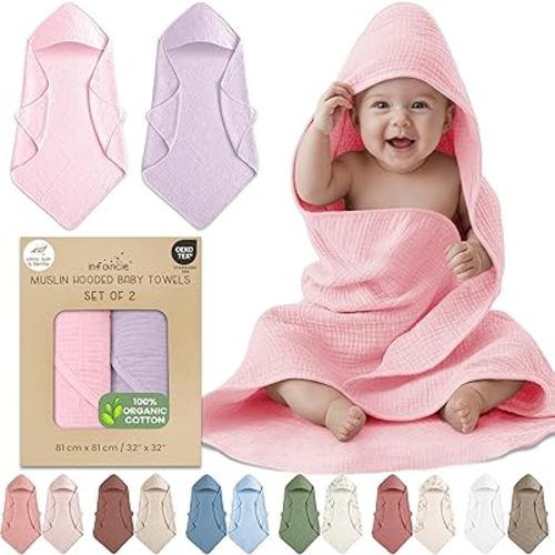 Organic Cotton Muslin Baby Hooded Towels - 32x32 Inch, 2 Pack Newborn Bath Towels for Boys & Girls, Soft & Absorbent Bath Set (Light Pink/Light Purple)