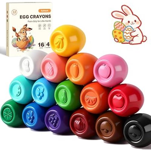 16 Colors Egg Crayons for Toddlers 1-3, Jumbo Crayons Washable Baby crayon with Anti-Roll Flat Bottom & Fruit Patterns, Non-Toxic Art Supplies Gift