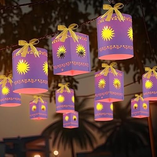 20 Pack Princess Sun Hanging Lanterns DIY Set Purple Princess Hanging Paper Lanterns Purple Sun Cutout Square Round Decorations for Birthday Party, Light String Not Included(Vivid Color)
