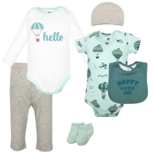 Hudson Baby Infant Boys Cotton Layette Set, Teal Hot Air Balloon, 6-9 Months