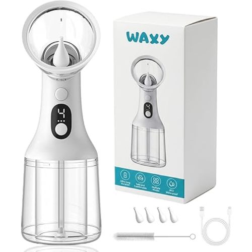 Waxy Ear Cleaner, The Waxy Ear Wax Removal Kit with 4 Pressure Modes & LED Display, Fective & Safe Gentle Ear Cleaner Irrigation Flushing System, USB Rechargeable (White)