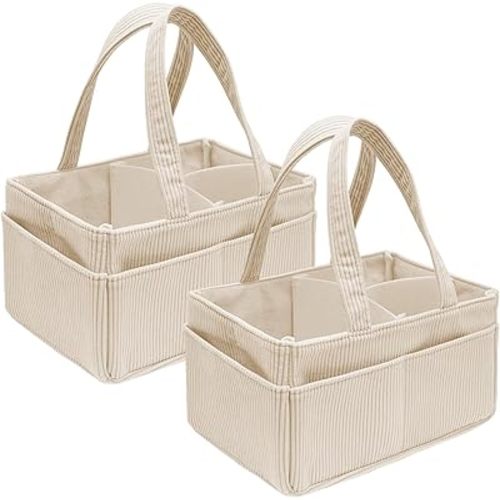 2 Pcs Nappy Caddy，Baby Diaper Caddy Organizer, Portable Corduroy Diaper Storage Basket with Handle, Baby Organizers and Storage for Changing Table, Beige Babies Shower Gifts Basket