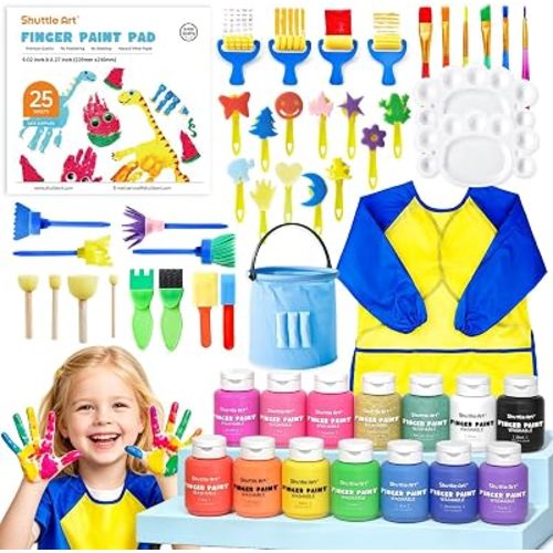 Shuttle Art Washable Finger Paint Set, 53 PCS with 14 Colors (2 fl oz), Paint Brushes, Sponge, Palette, Non-Toxic Finger Painting for Toddlers
