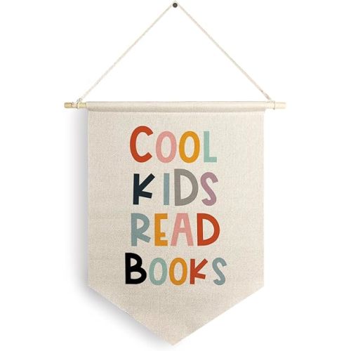 Qpenm Cool Kids Read Books Hanging Wall Canvas Banner,Reading Hanging Pennant Flag Prints,Reading Corner Wall Decor,Reading Corner Classroom Nursery Decor,Book Lover Gift poster&prints