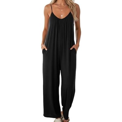 Buauty Jumpsuits for Women Casual V Neck Adjustable Strap Wide Leg Loose Romper with Pockets Beach Vacation Outfit
