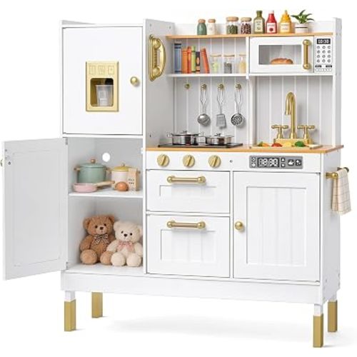 Kinder King Wooden Kids Play Kitchen, Pretend Telephone & Ice Maker, White