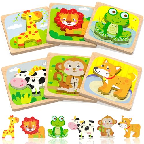 Benresive Wooden Toddler Puzzles, 6pcs Animal Montessori Toys for 1-3 Year Old Boys & Girls, Learning Educational Preschool Toys, Great Gifts for 1 2 3 Year Olds