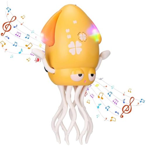 Magic Electric Dancing Octopus Toy with Led Light and Music,Automatic Evasion Crawling Dancing Octopus Musical Toys with Fishing Rod,Dancing Squid Toy Baby Must Have,Tummy Time Baby Toys,Yellow