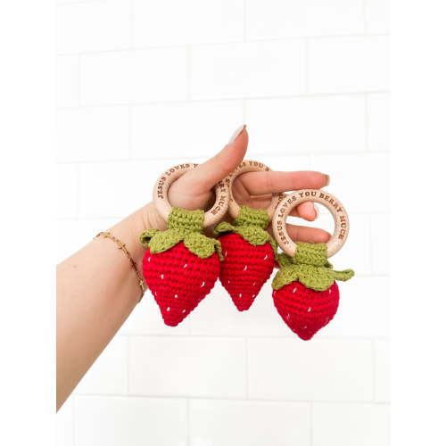 Jesus Loves You Berry Much Strawberry Knitted Teether Rattle