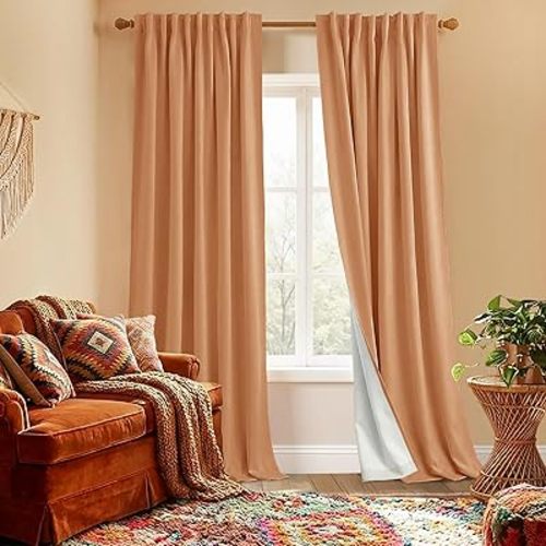 Light Orange Curtains Blackout 2 Panels, 70s Retro Mid Century Modern MCM Style with Clean Tailored Look, Faux Linen Eclectic Bohemian Hippie Curtains for Bedroom Living Room 84 Inch Long, Muted Clay