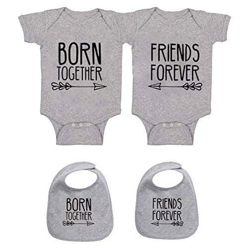 YSCULBUTOL Baby Twins Bodysuits Best Friends Forever Baby Clothes Set with Bibs Girl Outfit with hat (Grey, 0-3 Months)