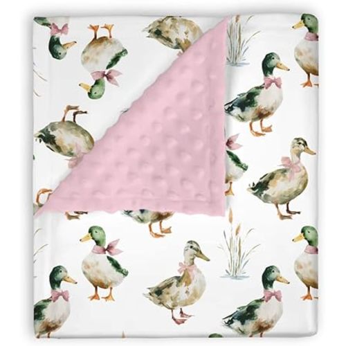 Dirty Pink Mink Baby Girl Blanket Mallard Duck Hunting Pink Bow, Boho Animal Hunter Soft Double Layer Dotted Backing Receiving Swaddle, Newborn Toddler Nursery Crib Bedding Shower Gift 30 x 40