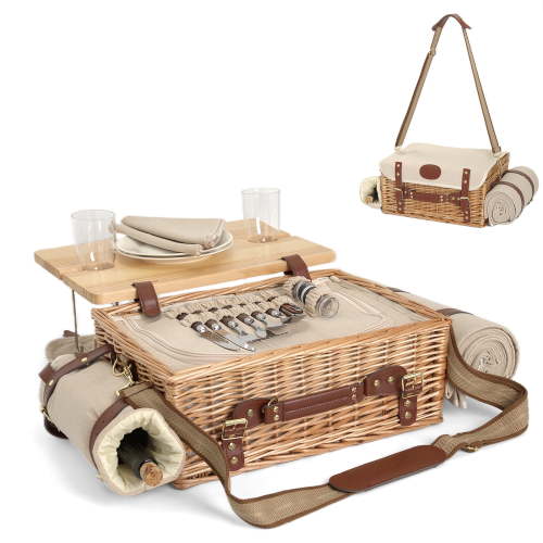 Multifunctional Wicker Picnic Basket Set for 2 with Blanket and Picnic Table, Insulated Picnic Set with Full Tablewares for Camping Outdoor Couples Valentine Thanks Giving Birthday, Natural