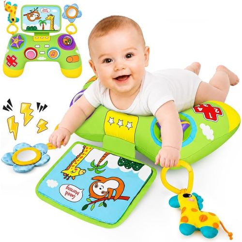 USATDD Tummy Time Pillow Support for Newborns 0-6 Months, Montessori Sensory Tummy Time Toys with Crinkle Cloth Book, Mirror, Rattle, for 0-6 Months Infant