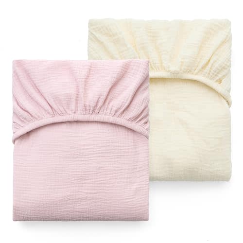 Momcozy Muslin Standard Fitted Crib Sheets, 52"x28", 2 Pack Soft Breathable Natural Cotton Baby Mattress Sheet, 360° Mattress Wrapping No Slip Boys Girls Neutral Toddler Bed Sheet, Beige Blush