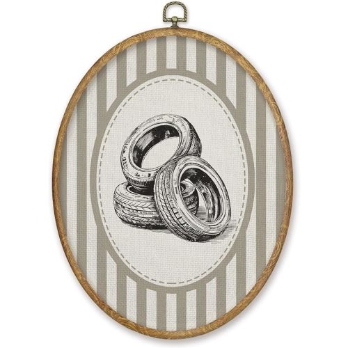 CGBHW Vintage Car Nursery Oval Wall Art Decor Products, Kids Canvas Prints Framed, Neutral Striped Car Tires Wheel Wall Art Hanging Decor for Home Kids Boy Nursery Room Bedroom Playroom, 8.6x11.4 Inch