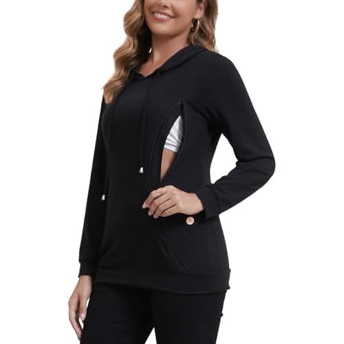 GINKANA Women Nursing Shirts for Breastfeeding with Hidden Zipper Long Sleeve Hoodie Causal Sweatshirt Breast Pumping Tops