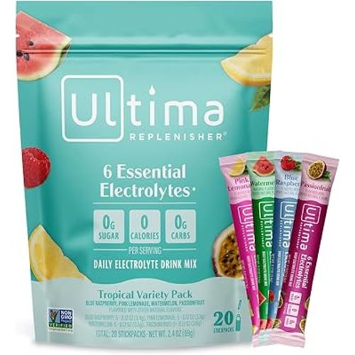 Ultima Replenisher Daily Electrolyte Powder – Tropical Variety Pack, 20 Stickpacks – Zero Sugar Hydration Packets with 6 Electrolytes and Minerals – Sugar Free, Plant Based & Keto Friendly Drink Mix