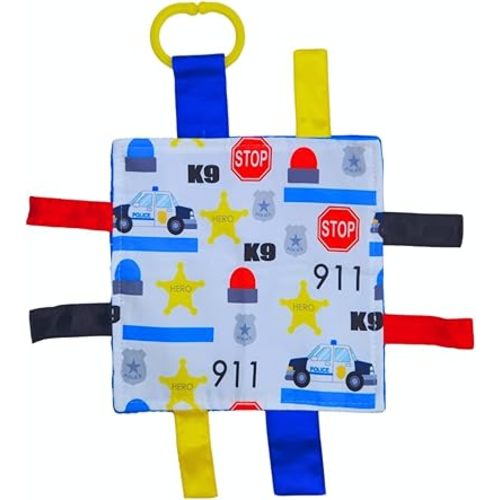 Baby Jack & Co 8x8” Police Law Enforcement Office Blue Line Lovey Tag Toy - Crinkle Toy for Developing 5 Senses - Soother - Learn Shapes & Colors - Travel Gift - BPA Free w/Stroller Clip