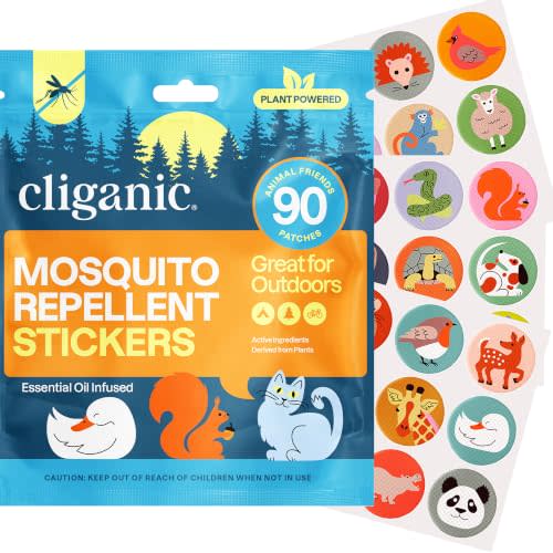 Cliganic Mosquito Repellent Stickers for Kids & Adults (90 Pack) - Animal Patches, Natural DEET-Free, Essential Oil Infused, Insect Repelling Garments