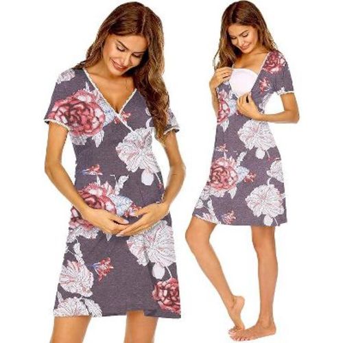 Ekouaer Nursing Nightgown Delivery and Labor Gown for Hospital Short Sleeve Maternity Breastfeeding Dress Gray Flower L