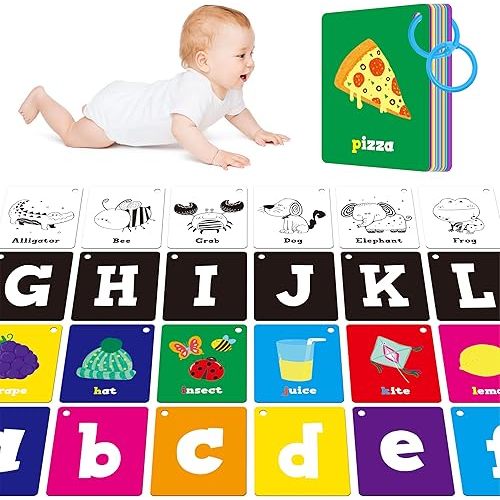 52 PCS Baby Visual Stimulus Cards, Double-Sided High Contrast Black and White, Colorful Alphabet Words Flashcards, Visual Sensory Development Montessori Cards Set for Newborn Baby, Kids, Preschool