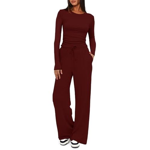 Darong Women's 2 Piece Matching Lounge Sets 2026 Fall Travel Outfits | Airport Clothes, Athleisure Workout Set, Fall Fashion Staple, Winter Clothing, Long Sleeve Top, Drawstring Wide Leg Pants