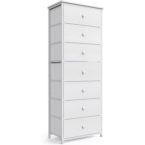 Tall Fabric Dresser for Bedroom, Vertical Storage Organizer Tower with 7 Drawers, Chest of Drawers with Bins, Steel Frame, Wood Top for Bedroom, Closet, Entryway White