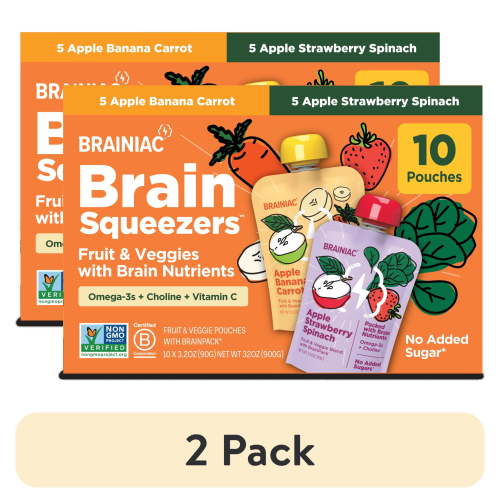 (2 pack) Brain Squeezers Fruit and Veggie Pouches with BrainPack, No Added Sugar, Variety Pack, 3.2 oz, 10ct