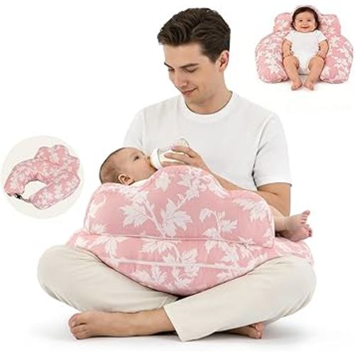 Ergonomic Nursing Pillow with Security Fence for Enhanced Support & Comfort, Breastfeeding Pillow with Removable Cotton Cover - Adjustable Waist Strap for Mom & Baby(Pink Leaves)