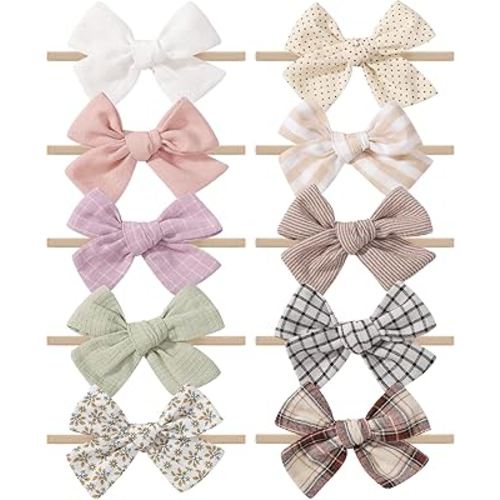 doboi 10PCS Baby Girls Headbands Hair Bows Nylon Cotton Linen Hairbands Fine Handmade Hair Accessories for Newborn Infant Toddlers Little Girls-Solid Plaid Stripe and Flowers