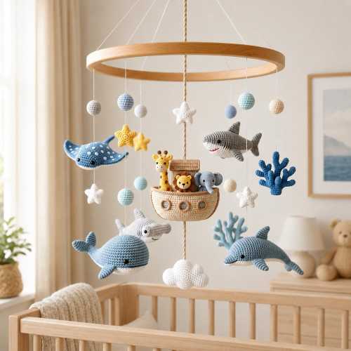 Ocean Animals Baby Mobile, Crochet Noahs Ark Crib Mobile, Whale Shark Dolphin Nursery Decor, Under the Sea Baby Shower Gift