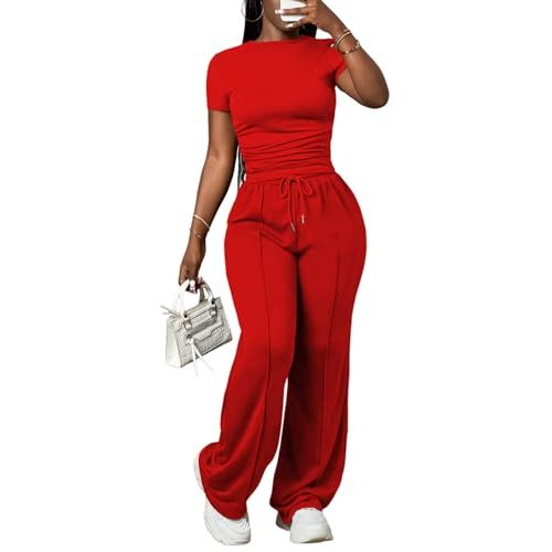 PINSV Women's 2 Piece Outfits Lounge Sets Ruched Short Sleeve Tops and Wide Leg Pants Tracksuit