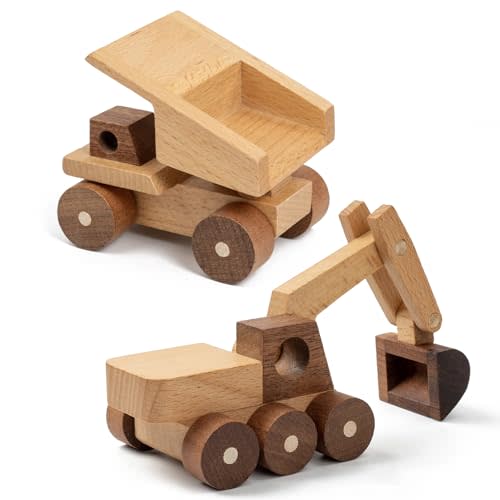 Wooden Toy Cars for 3 Year Old Boys & Girls - Construction Vehicles Set Push Toys for Toddlers, Wood Montessori Car with Rolling Wheels, Natural Wood Toys (Excavator & Dump Truck)