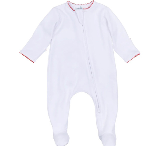 Baby Boy White Zip Footie - Essentials Pima Cotton - Red Trim – Magnolia Baby