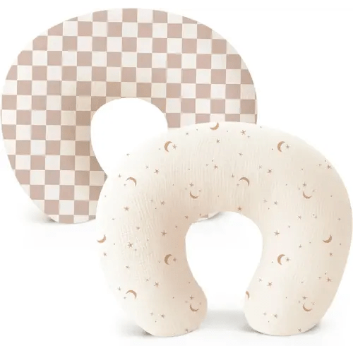 Konssy 2-Pack Muslin Nursing Pillow Covers, Soft & Adorable Nursing Covers for Breastfeeding Pillows, Slipcovers for Newborn Boys & Girls(Coffee Check,Moon)