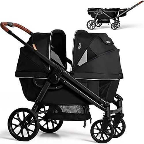 Wagon Stroller for 2 Kids, All-Terrain with Removable UV-Protection Canopy , Adjustable Push/Pull Handle, Snack Tray & Cup Holders, Perfect for Baby and Toddler(Black)