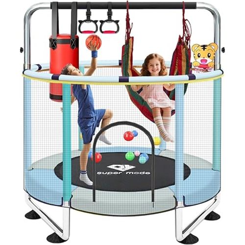 55" Indoor & Outdoor Trampoline for Kids with Enclosure, Toddler Trampoline with Adjustable Gymnastics Bar & Toys, No-Gap Safety Design