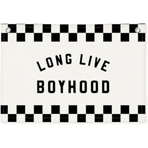 Long Live Boyhood Race Car Boys Room Decor - Checkered Banner Wall Hanging Canvas Banner Flag Decor for Toddler Boy Room Nursery Playroom