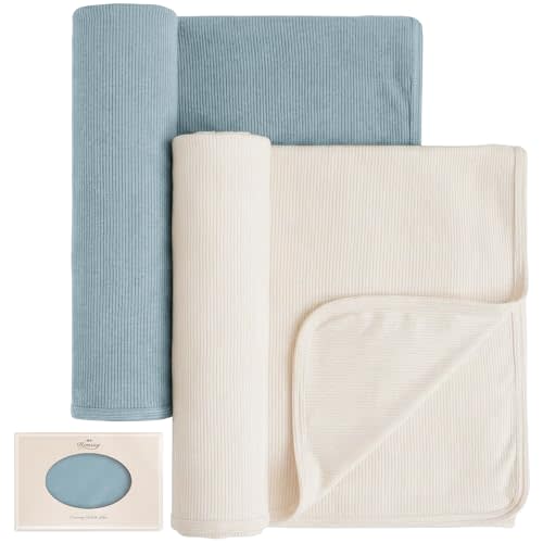 Konssy Knit Baby Blanket 2 Pack, Soft Ribbed Swaddle Receiving Blankets for Boys & Girls, Lightweight Cozy Swaddling Wrap for Newborns, Infants, & Toddlers, 33x42 Inch (Blue, Beige)