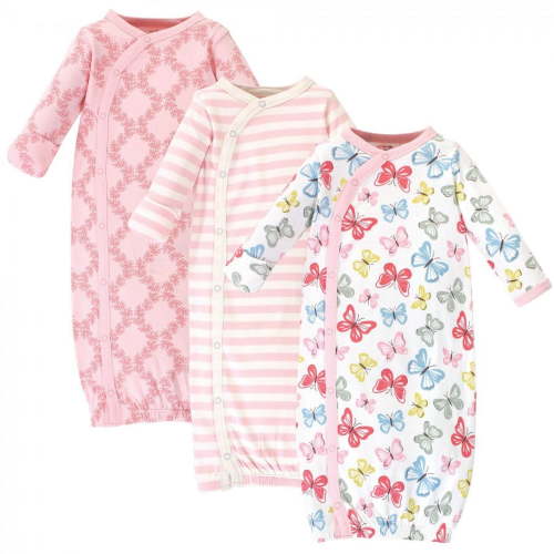 Touched by Nature Baby Girl Organic Cotton Side-Closure Snap Long-Sleeve Gowns 3pk, Butterflies, 0-6 Months