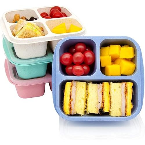 4 pack Bento Lunch Box, Snack Containers，Meal Prep Containers Kids/Toddle/Adults,Food Storage Containers for School, Work and Travel (4 and 3 Compartment Multicolor)