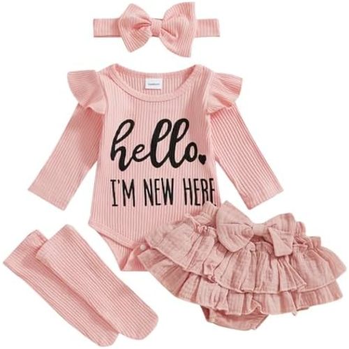 Im New Here Newborn Baby Girl Outfit Ruffle Romper Tiered Tutu Dress Shorts Headband Socks Coming Home Clothes Set