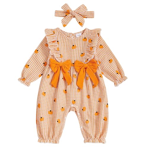 Newborn Baby Girl Halloween Outfit Doll Collar Pumpkin Jumpsuit Romper Ruffle Sleeve Bodysuit Long Overalls with Bow