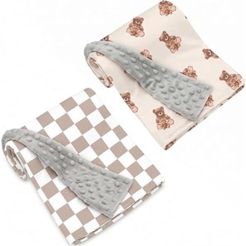 Jola's House Bear and Checked Baby Blanket Gender Neutral Minky Blankets for Newborn Baby Girls or Boys Nursery Toddler Double Layer Blanket with Dotted Backing