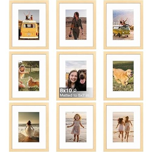 KINLINK 8x10 Picture Frame Set of 9, Wooden 10x8 Photo Frames with Plexiglass for 5x7 Pictures with Mat or 8x10 Without Mat, Art Collage for Wall Gallery and Tabletop Display, 8 x 10 Frame Wood Grain