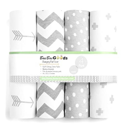 Premium Baby Changing Pad Covers 4 Pack – Boy or Girl Changing Pad Cover – Pure Jersey Machine Washable Grey and White Changing Table Cover – Diaper Changing Pad Cover Sheets